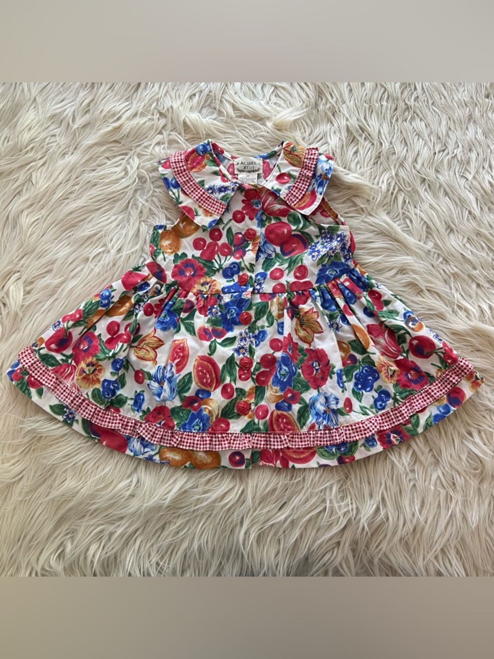 Vintage 90s Rachel's Kids 2T Dress Garden Party Gingham Floral Fruit Dress